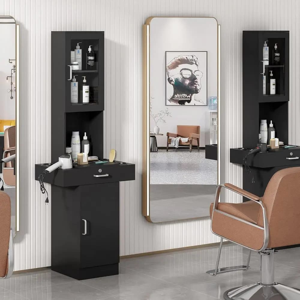 Organizzatore per Parrucchieri o Stilisti, Attrezzatura per lo Styling dei Capelli con Porta in Vetro, 6 Supporti per Asciugacapelli, 2 Armadietti, Beauty Spa B