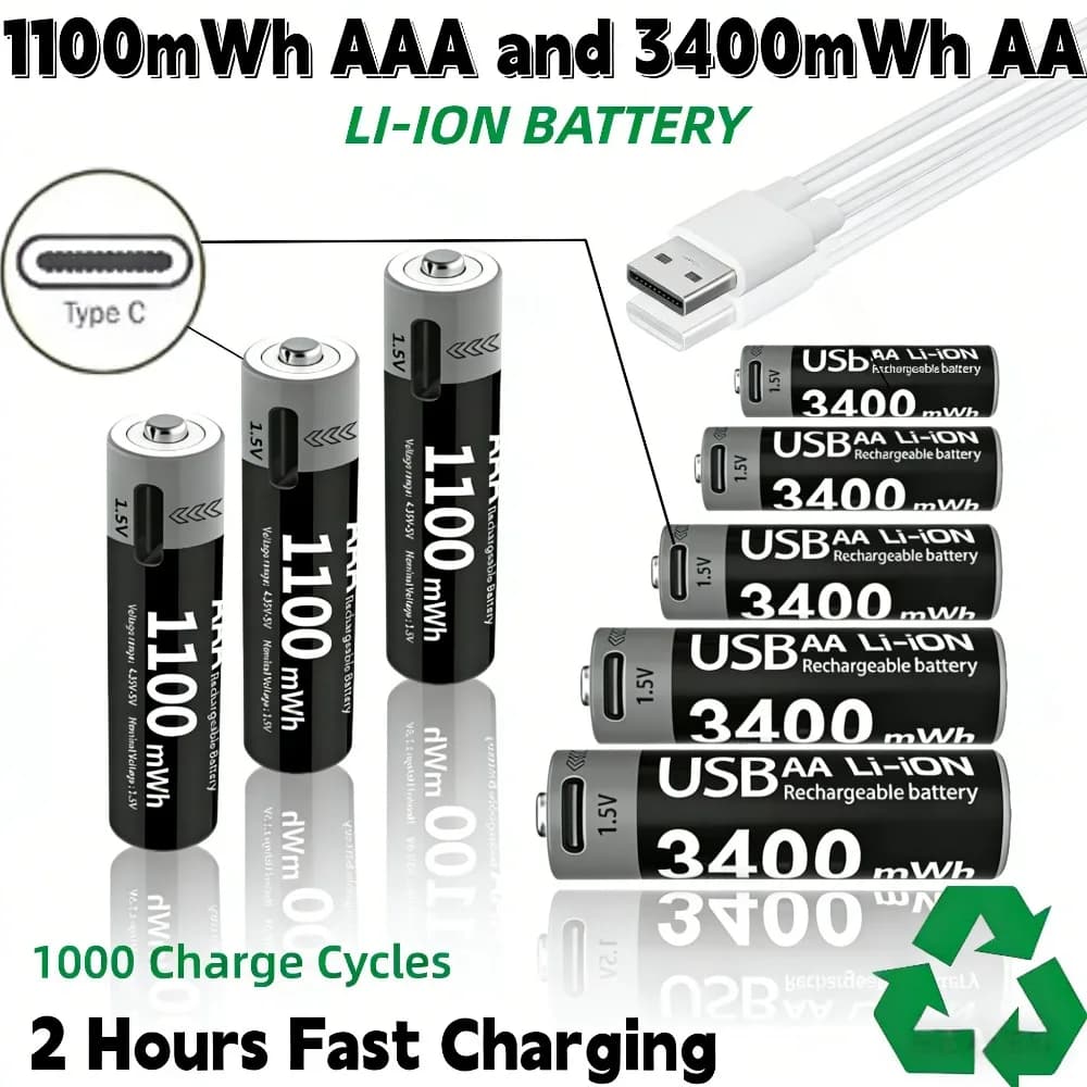 Set di batterie ricaricabili USB agli ioni di litio da 1,5 V AA 3400 mWh e AAA 1100 mWh con cavo di ricarica per serrature intelligenti, giocattoli, lunga durata