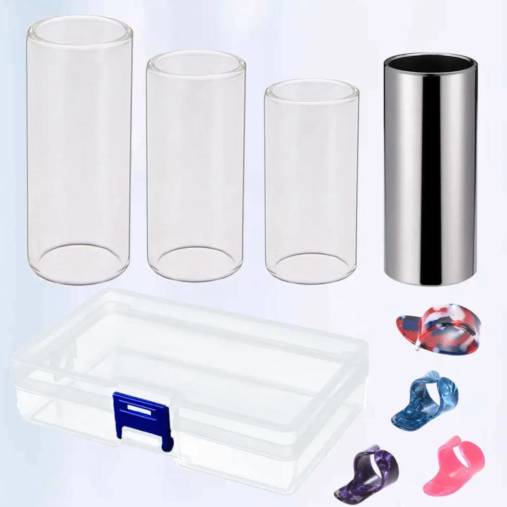 Glass Slides Stainless Steel Slide 4 Finger Picks Guitar Pick Kit for Acoustic Slide Guitar Bass Thumb Finger Picks Storage