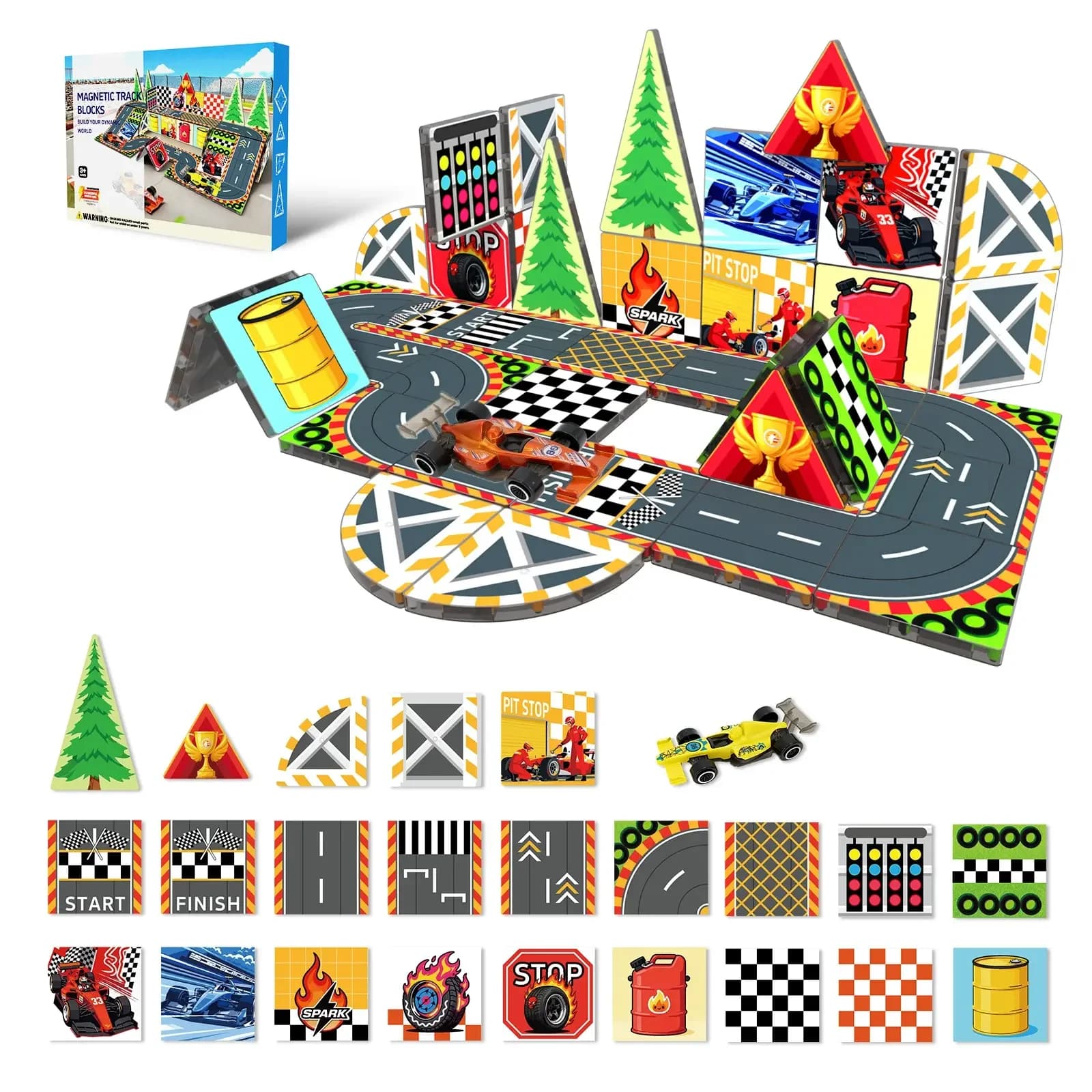 Set di Pista per Auto da Corsa con 44/38 Pezzi Magnetici, Giocattoli Educativi STEM Montessori, Blocchi da Costruzione Creativi, Regali di Natale e Compleanno