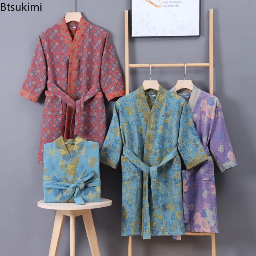 New 2026 Pure Cotton Children's Bathrobe with Double Layered Gauze Long Sleeved Kimono Collar Yukata Pajamas for Boys and Girls