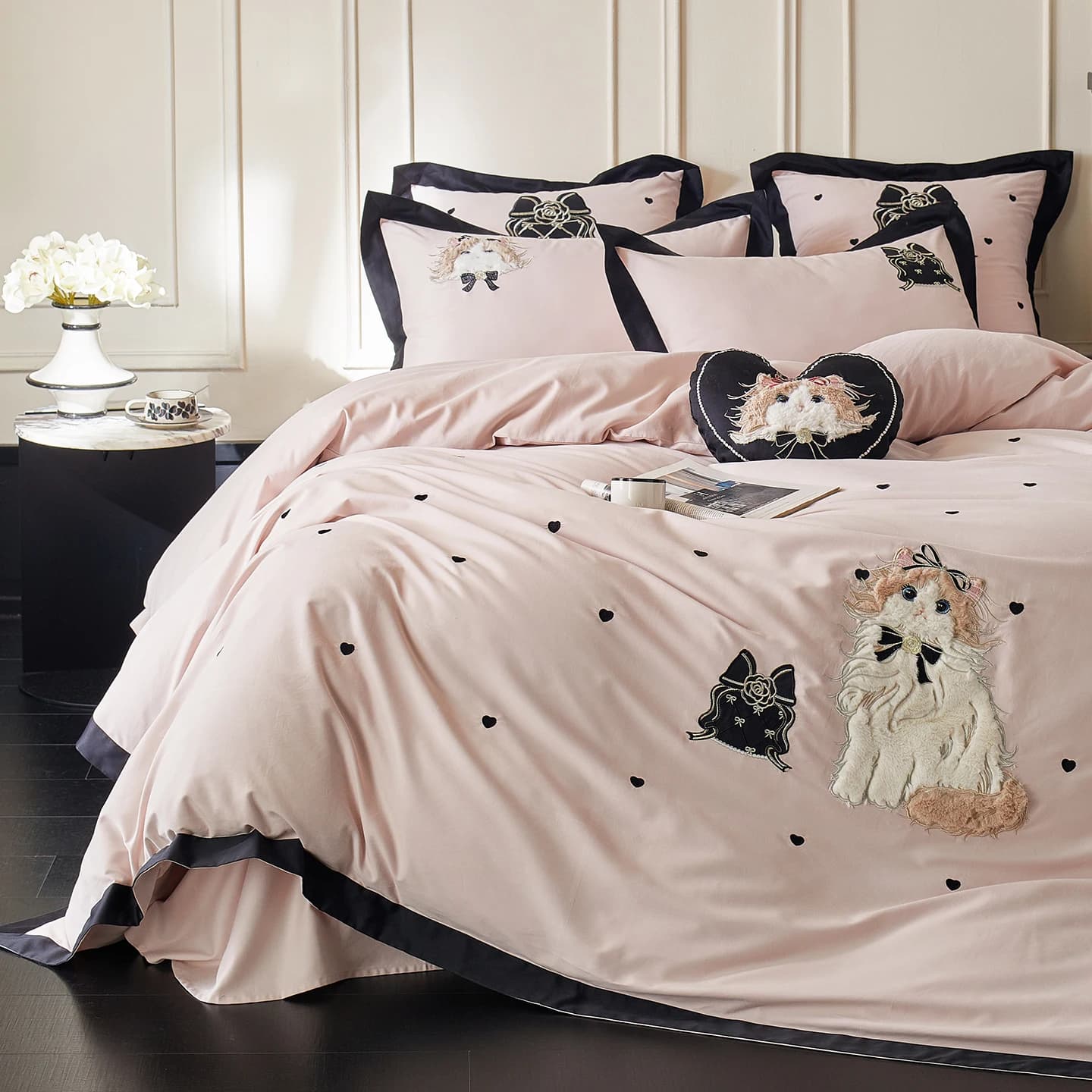 Set di Biancheria da Letto di Lusso con Ricamo Gattino Rosa, Copripiumino in Cotone Egiziano, Lenzuolo Piatto/Con Angoli, Federe, 4 Pezzi