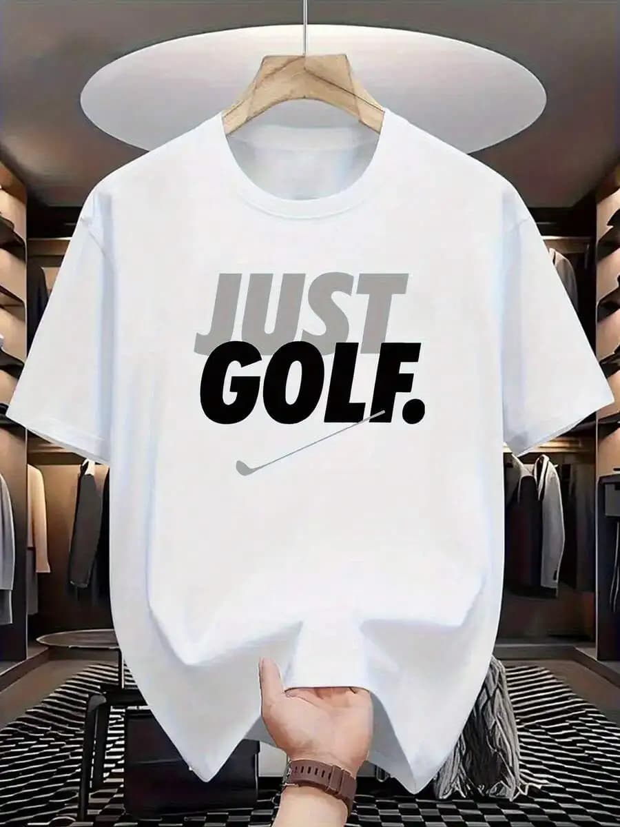 Tee da Golf Elasticizzato con Stampa 'JUST GOLF', Abbigliamento Casual Estivo Traspirante, Nero e Verde Oliva Bordeaux