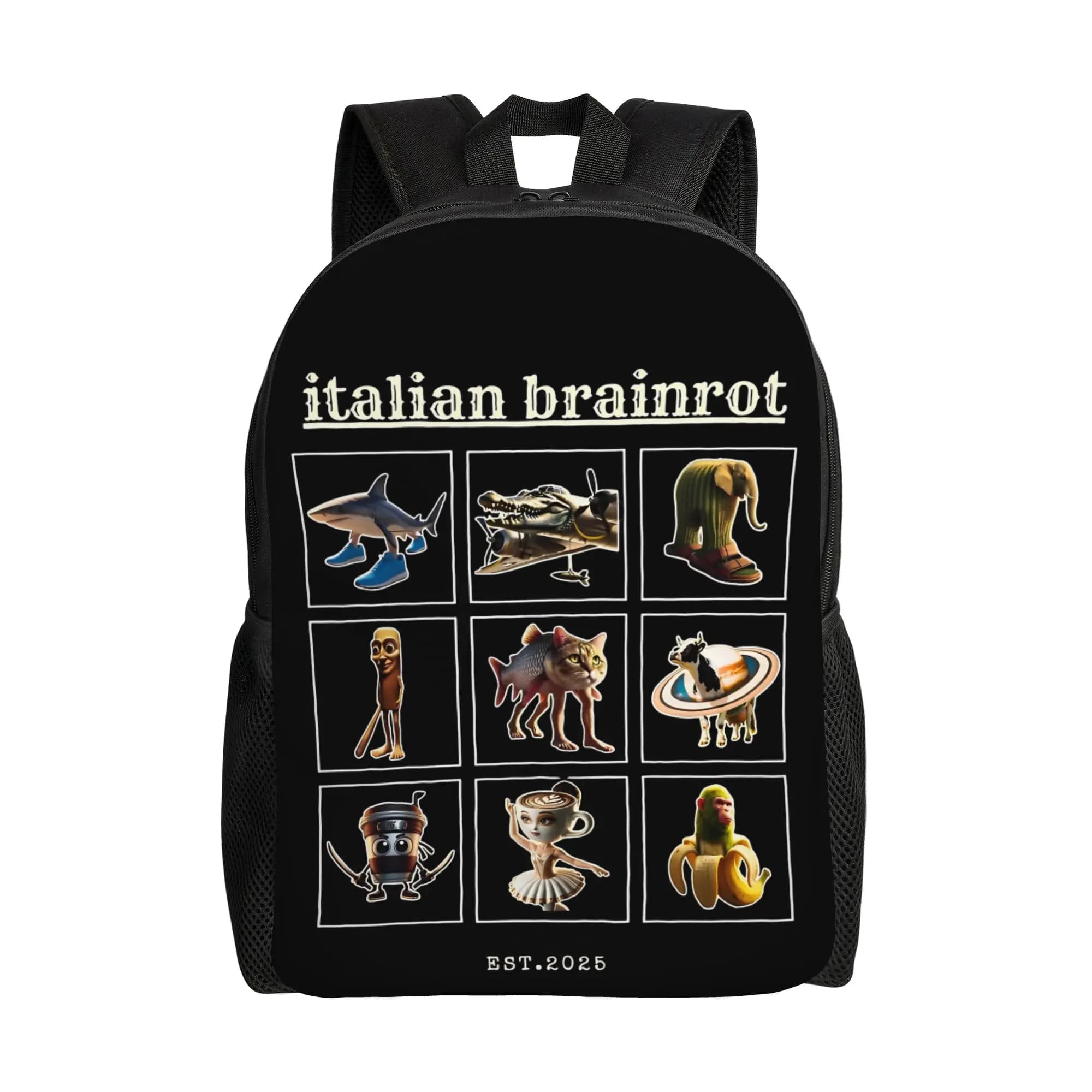 Zaino con Collage di Personaggi Italiani 'Brainrot' per Uomini e Donne, Borsa Casual per Scuola e Lavoro, Divertente Zaino per Laptop con Meme, Borsa a Tracolla Sportiva