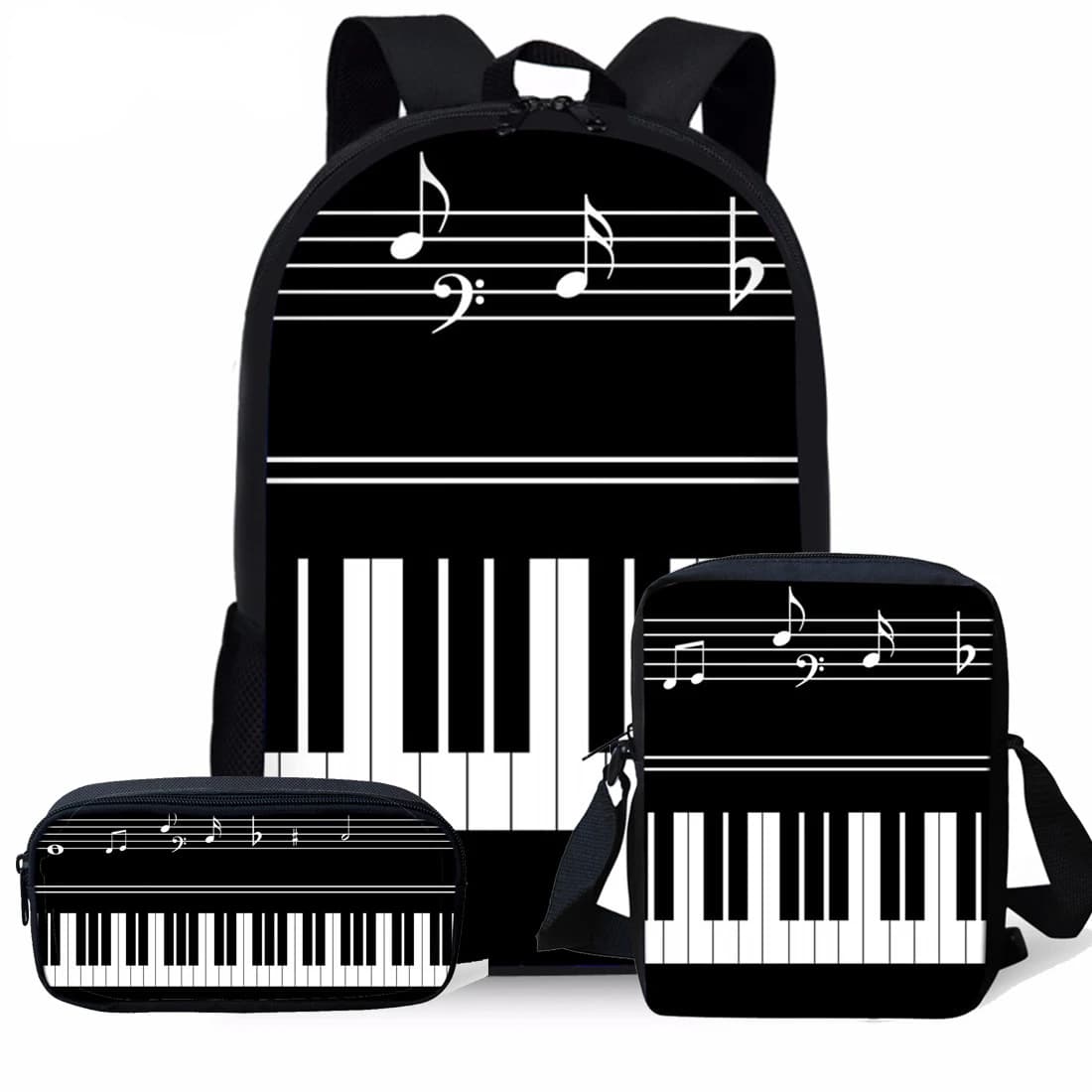Hip Hop Piano Keyboard Musical Notes Stampa 3D 3 pezzi/set Borse da scuola Zaino per laptop Borsa a tracolla inclinata Astuccio per matite