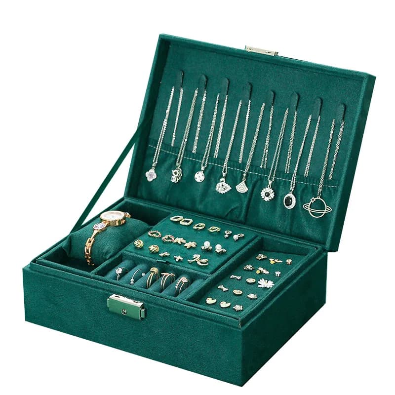 Nuovo portagioie in velluto stile vintage, scatola portaoggetti con doppia serratura, collana, orologio, portagioie per orecchie, grande capacità