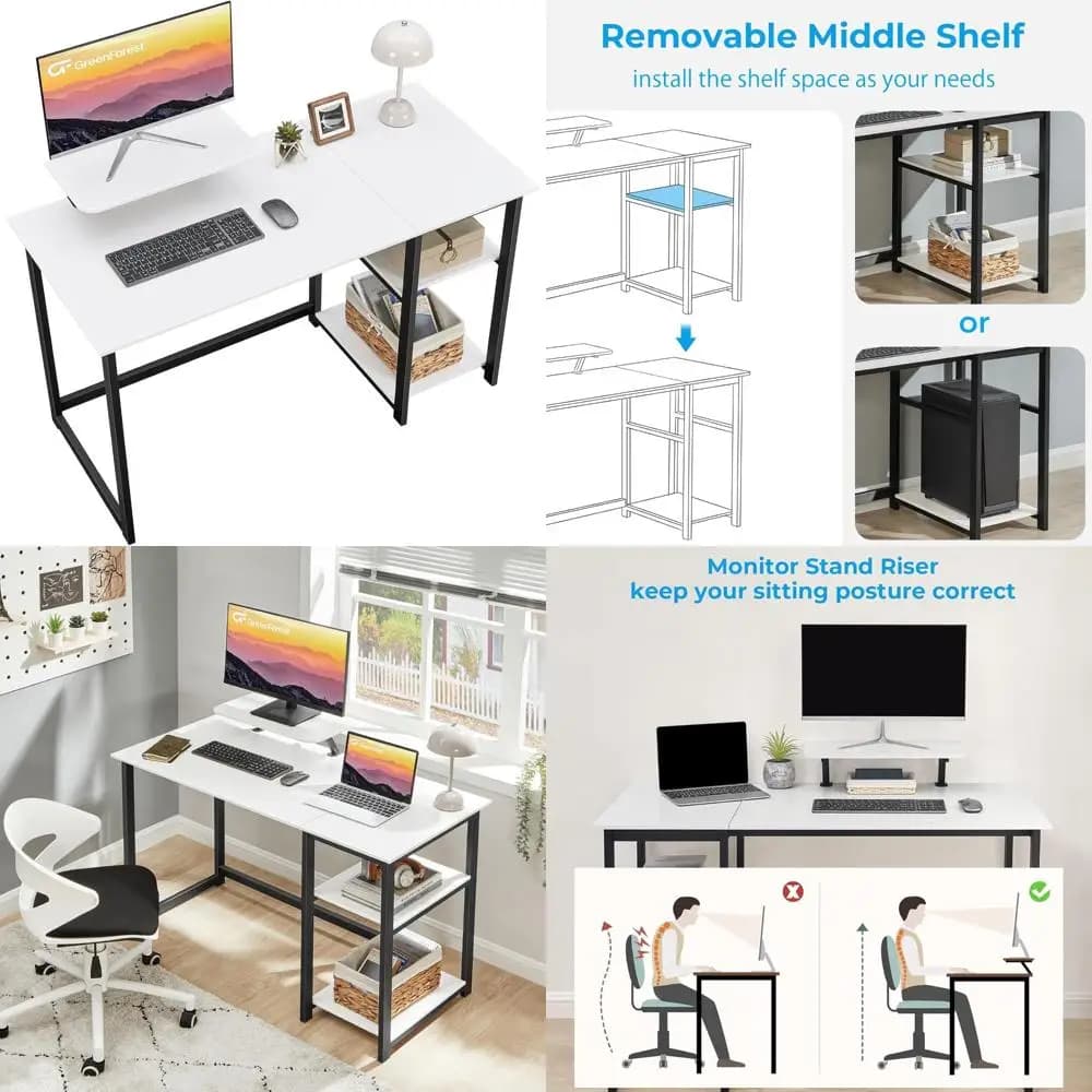 47 inch modern office desk with reversible shelves, monitor support, ideal for study desk and writing