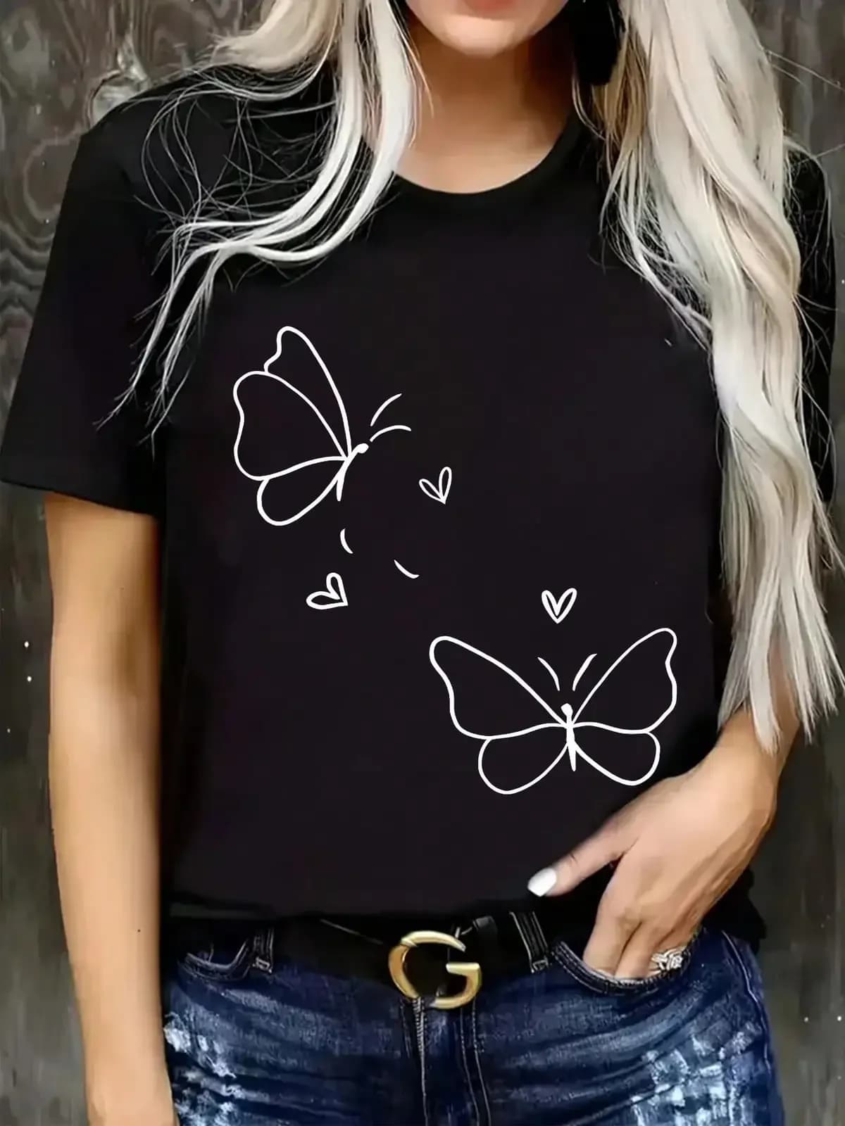 Spring And Summer Butterfly Letter Print Black And White Gray Women'S Short-Sleeved T-Shirt Shirt Elastic Top,Breathable And Comfortable Short-Sleeved Round-Neck Top, Suitable For All Seasons, Everyday Wear For Women