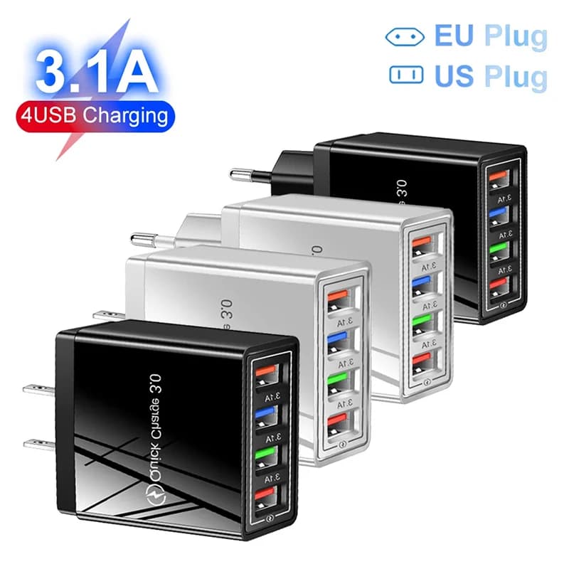 Caricatore USB a 4 porte Ricarica rapida 3.0 per iPhone Samsung Xiaomi Tablet Adattatore per caricabatterie per telefono cellulare da parete Spina UE USA Ricarica rapida