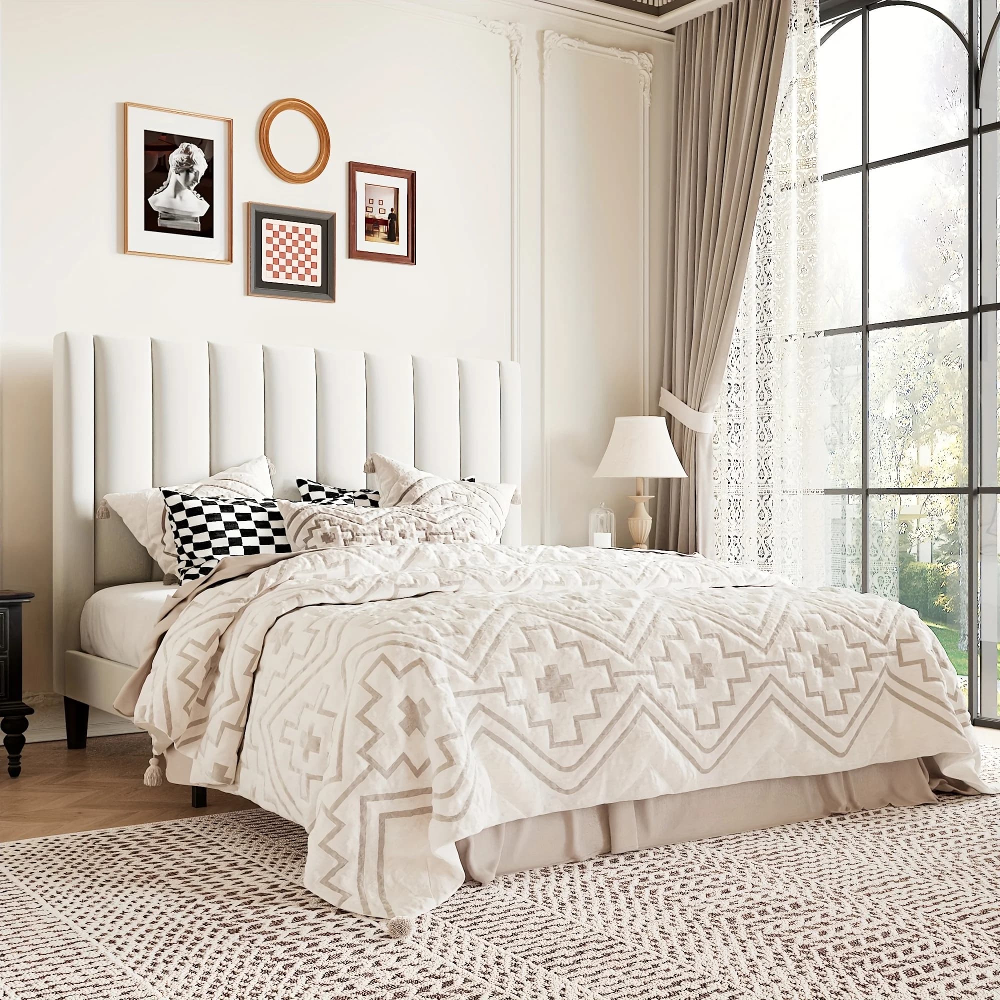 [ ] WEEWAY Letto con piattaforma imbottita in velluto, testiera con canali verticali, supporto a doghe in legno, base per materasso resistente