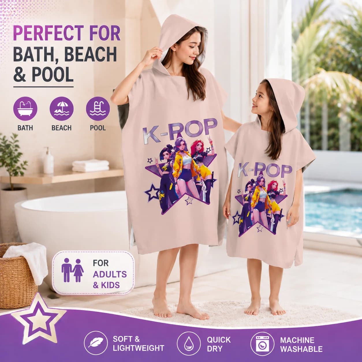 Accappatoio con Cappuccio Stampato K-Pop Girl Group, Poncho da Spiaggia Rosa Anime Idol, Accappatoio da Surf per Bambine e Ragazze