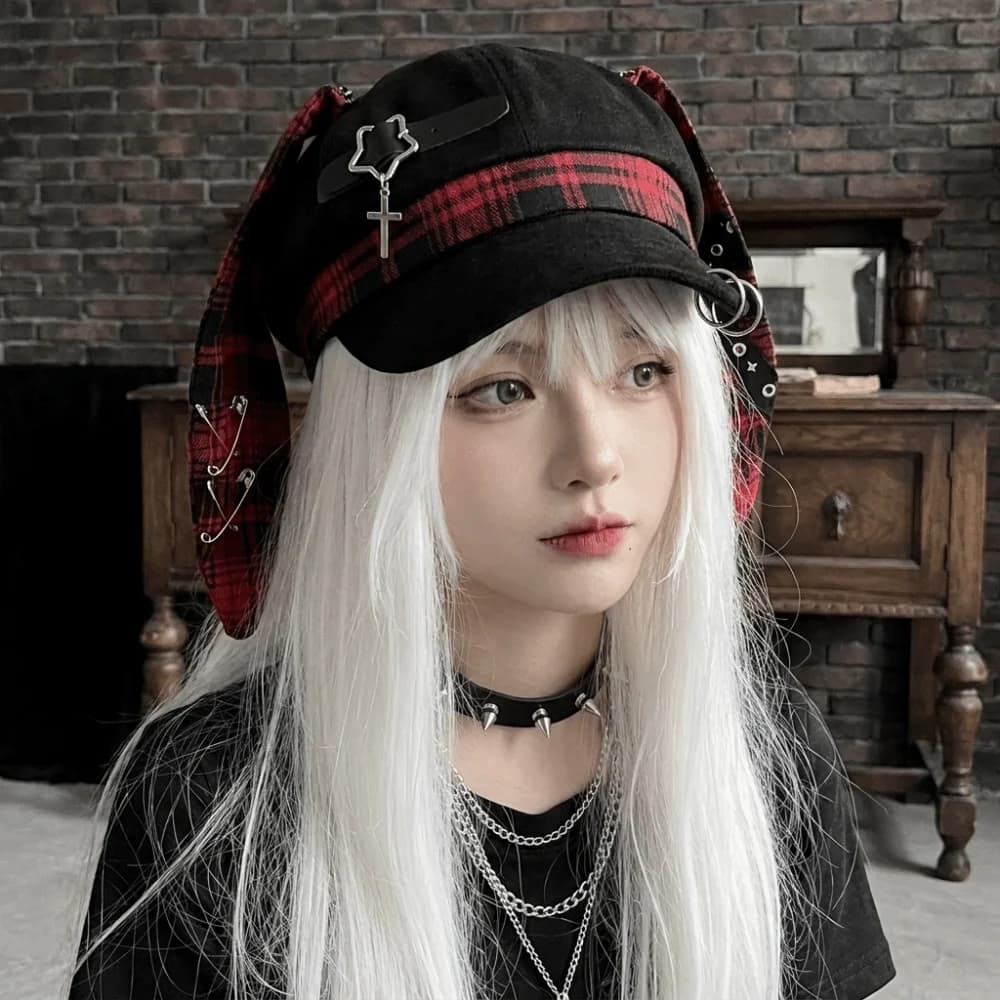 Casual Rabbit Ears Plaid Beret Hat Irregular Thin Brim Painter Artist Cap Gothic Y2K Octagonal Hat Girls