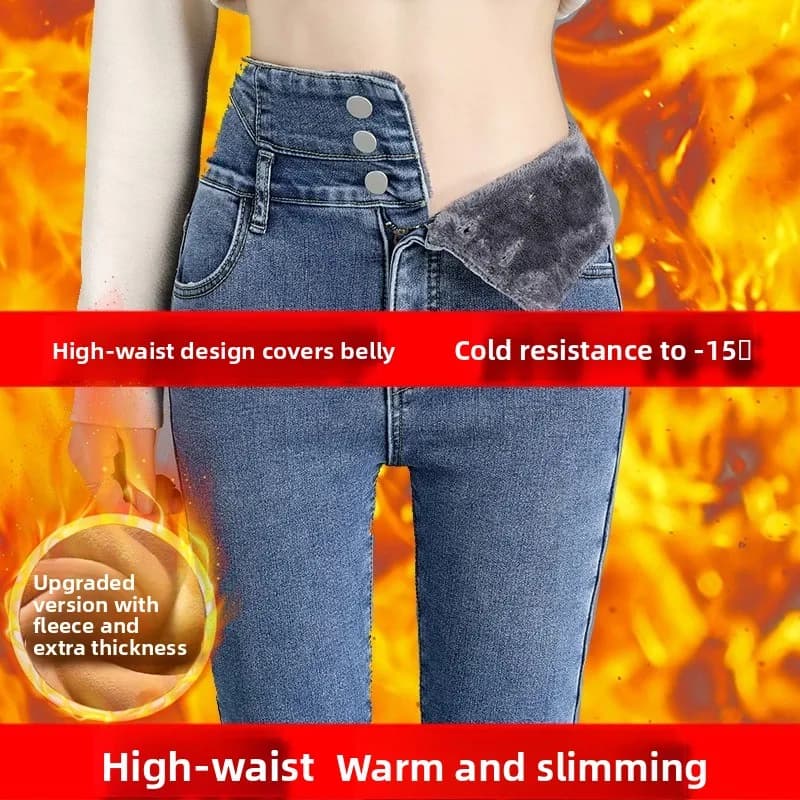 Jeans in denim spesso felpato a vita ultra alta taglie forti da donna, nuovo stile invernale, pantaloni a matita elasticizzati snellenti per l'outwear