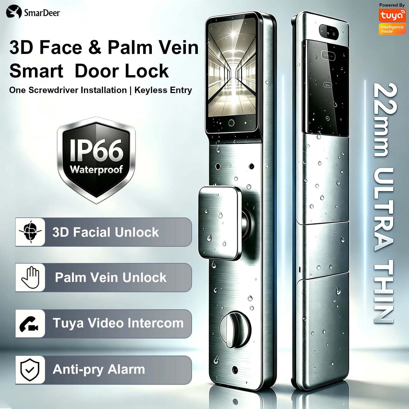 SmarDeer Smart Door Lock 3D Face & Palm Vein Recognition IP66 Waterproof Ultra-Thin Electronic Lock for Home Security Front Door