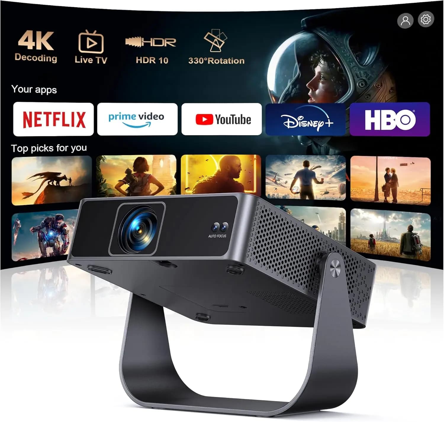 Mini Proiettore Smart con WiFi, Bluetooth, Autofocus, Supporto 4K, HDR10 per Film in Casa e all'Aperto