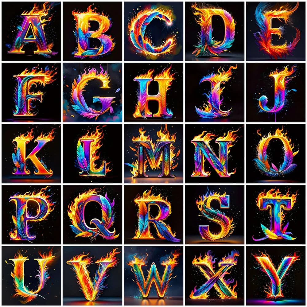 Momoart Alphabet Diamond Mosaic Letters Picture Rhinestones Text Diamond Painting Feather Fire Acrylic Craft Supplies Wall Decor