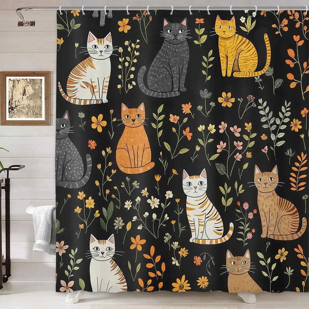 Tenda da doccia per gatti carini, set di tende da doccia in tessuto nero con animali divertenti, cartoni animati, fiori di campo floreali, per decorazioni da bagno