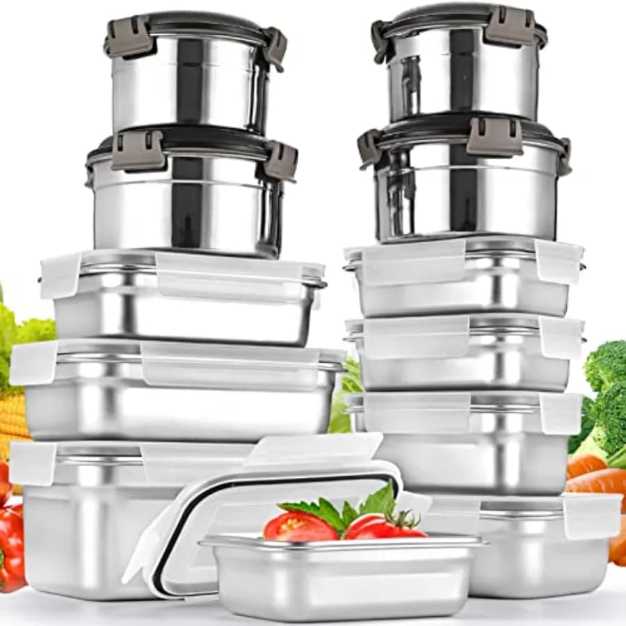 Set di 12 Contenitori per Alimenti in Acciaio Inox 304 con Coperchi, Ermetici e Anti-perdita, per Preparazione Pasti e Conservazione Kimchi