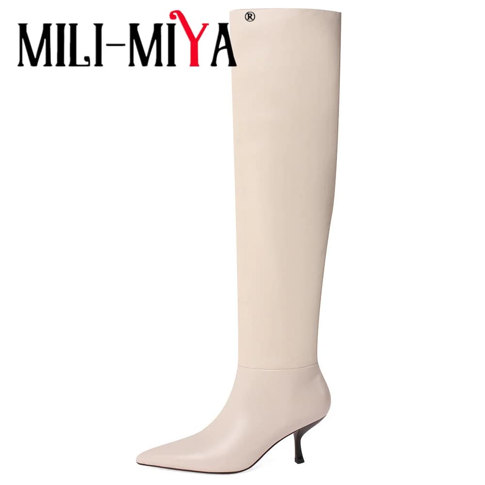 MILI-MIYA Women's Classic Stretch Microfibre Knee-High Boots Pointed Toe Slim Heel Solid Colour Wide Leg Opening Plus Size 34-43