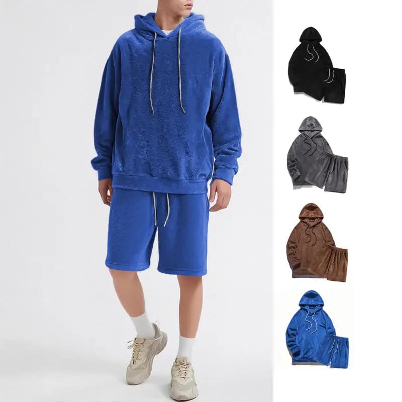 Set Invernale e Autunnale con Felpa con Cappuccio Oversize e Pantaloncini in Pile Corallo, Moda Casual Unisex