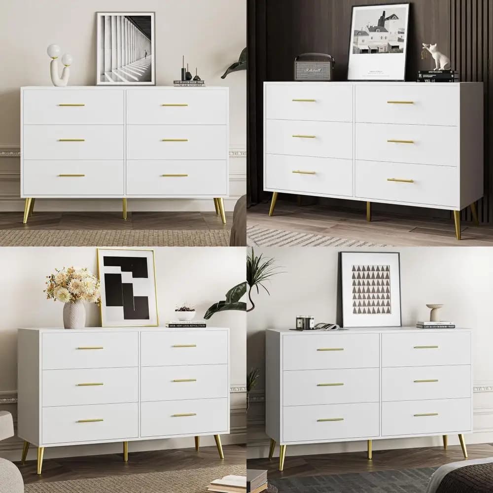 6-Drawer White Dresser with Gold Metal Handles and Legs, Wooden Chests for Bedroom