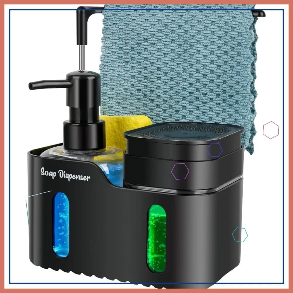 Set dispenser di sapone da cucina 4 in 1 con porta spugna e panno, nero