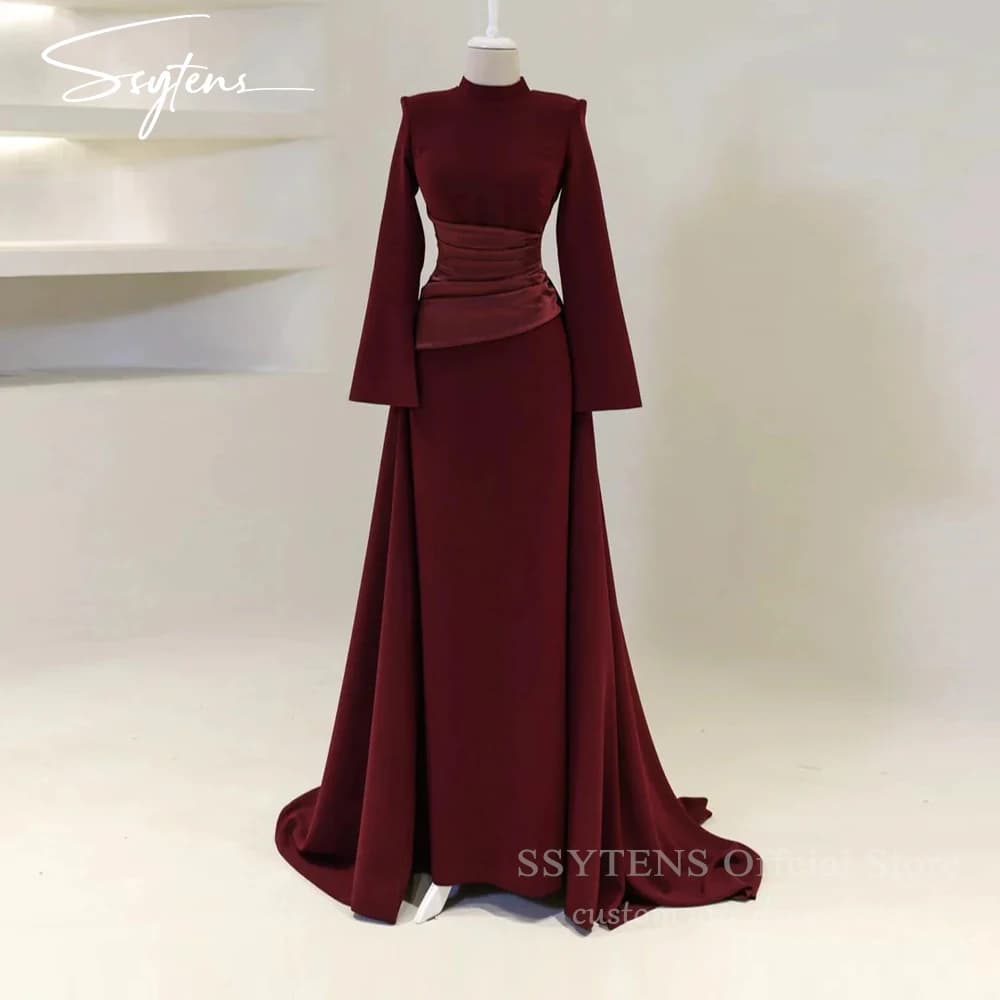 SSYTENS eleganti abiti da ballo bordeaux collo alto maniche lunghe abiti da sera a sirena abiti formali in raso musulmano Dubai personalizzati