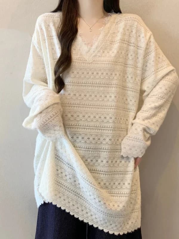 Slim Fit Long Sleeve Lace T-Shirt V-Neck Shoulder Length Spring Early New Style plus Size Women's Mid-Length Top