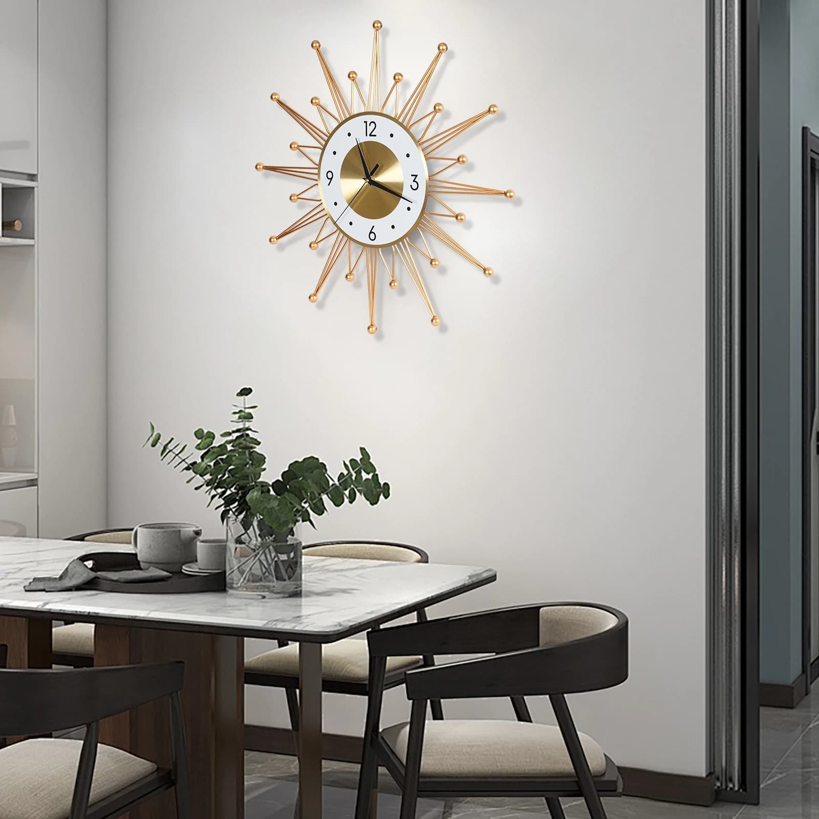 Large Gold Sun Wall Clock,Wall Mount Iron Wall Clock 50*20cm Battery Powered for Living Room Decor