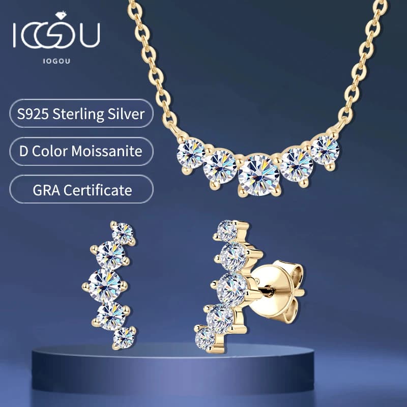 Set di gioielli in vero moissanite in argento 925 placcato oro 18 carati Set di orecchini con ciondolo con sorriso a 5 pietre per le donne Regalo di Natale