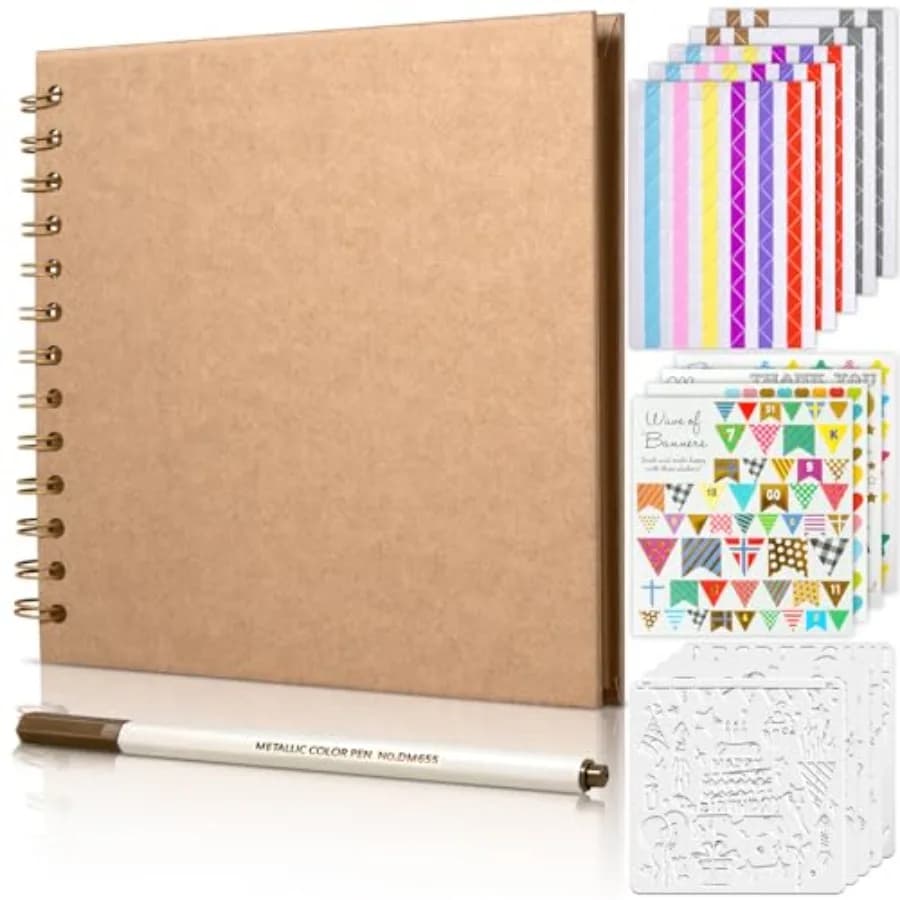 x ch Scrapbook Album, 40 Pages Kraft Paper Photo Albums for WeddgandAnniversary, Family DIY Scrap Book Kits with Metallic Marke