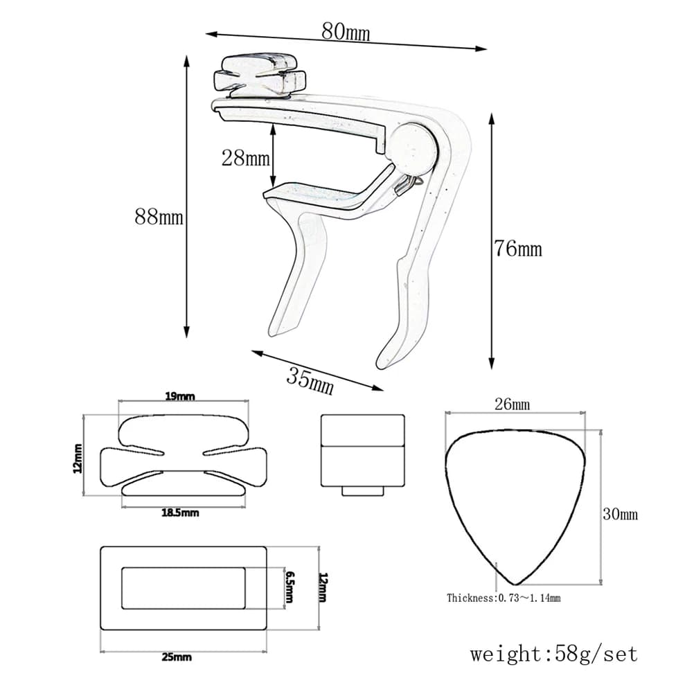 Capotasto in Lega di Alluminio per Chitarra Acustica, Elettrica, Ukulele, Banjo, Mandolino con Cuscinetto in Silicone