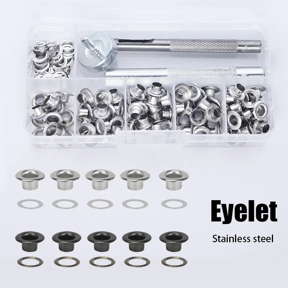 100 set di occhielli in acciaio inossidabile con uno strumento, per fori in tela, vestiti, borsette, diametro interno 5 mm/6 mm