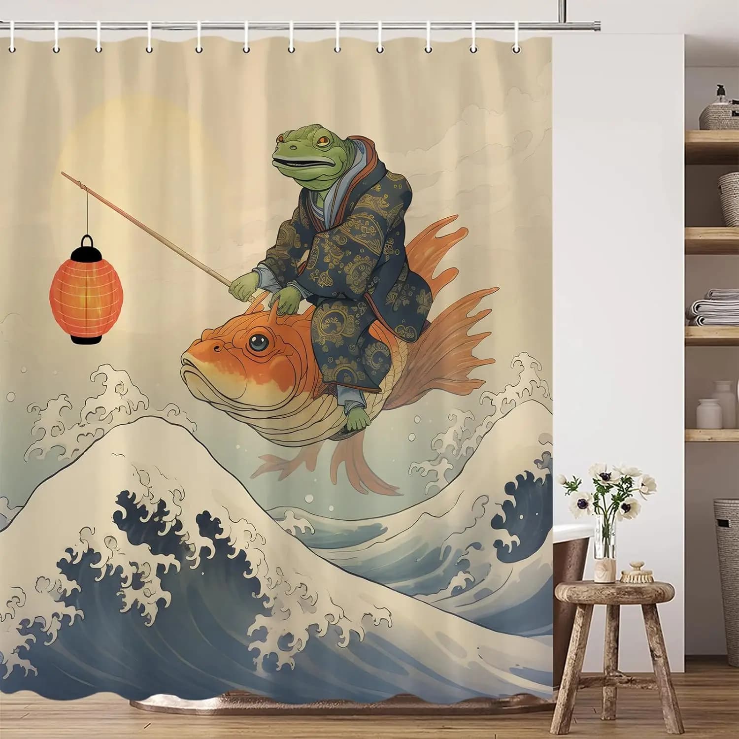 Funny Shower Curtain Frogs Holding Lantern Sitting on Koi Fish Big Waves Japanese Traditional Painting Vintage Fun Animal Fabric