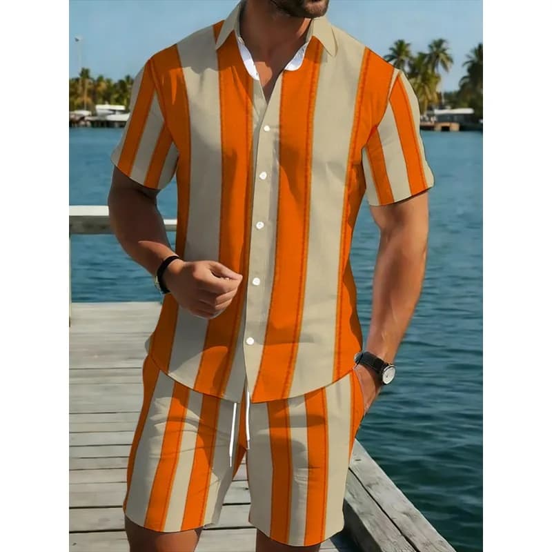 Men's Orange Beige Striped Short Sleeve Shirt and Shorts Set Polyester Lightweight Durable Summer Beach Casual Vacation Outfit