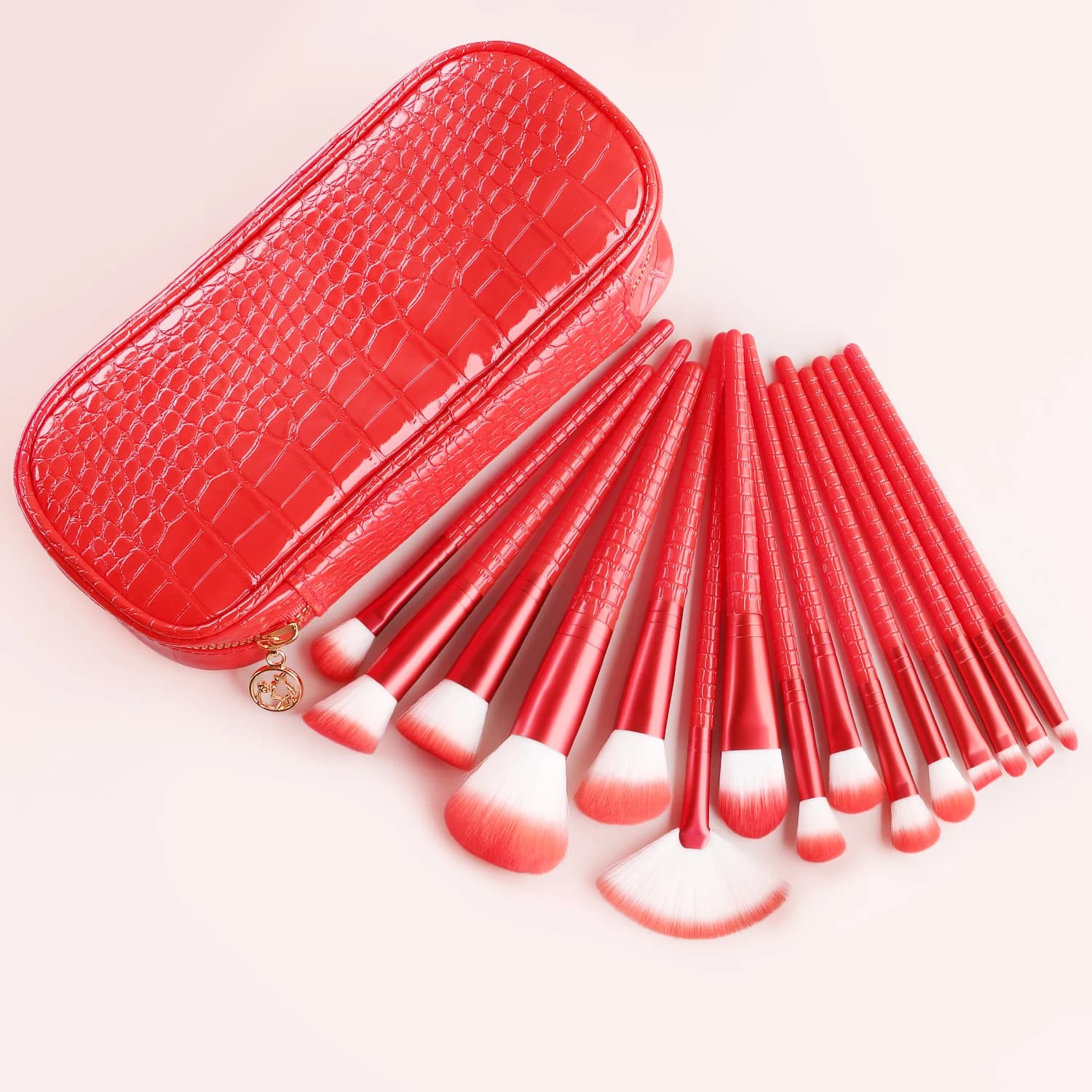 15Pcs Crocodile Texture Makeup Brush Set, Fan Blush Eyeshadow Brushes with Storage Bag for Daily Makeup Travel