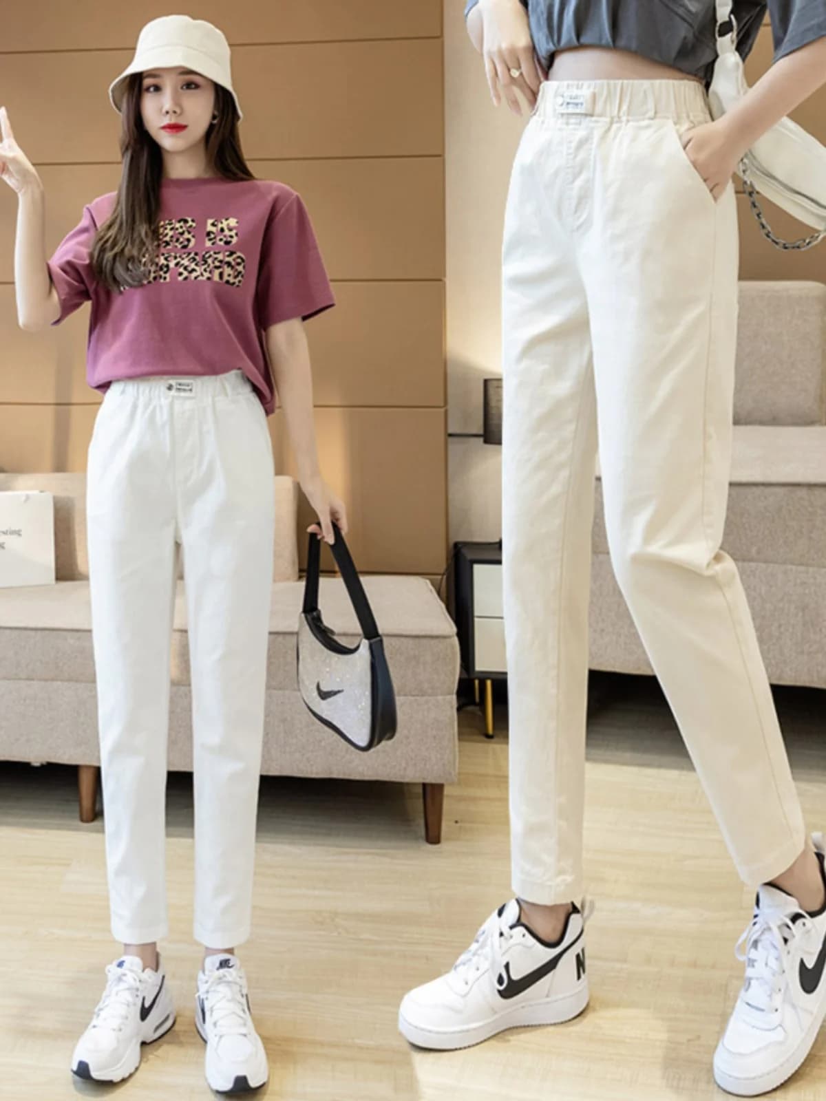 Women's Straight Leg Jeans Elastic Waist Spring Summer New Versatile Slimming Nine Point Casual Pants High Waist Asymmetric