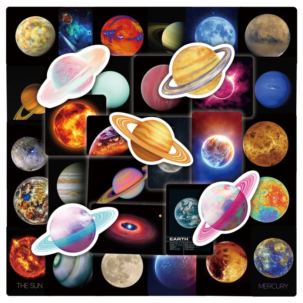 50 Adesivi Pianeti dell'Universo per Laptop, Cancelleria, Scrapbook, Quaderni, Valigie - Decorazioni Estetiche Spazio Esterno Fai-da-te per Bambini - Regalo