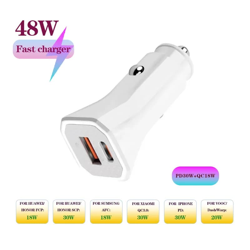 Square Design 48W 1/2 Port Car super Charger with PD30W QC3.0 Super Fast Charging USB car Cigarette Lighter Adapter for phones