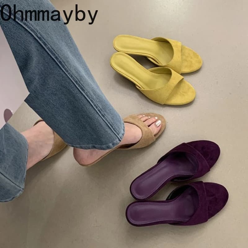 Nuove Ciabatte da Donna in Camoscio con Punta Aperta, Scarpe Estive Casual Eleganti con Tacco Sottile per Vacanze al Mare e Feste