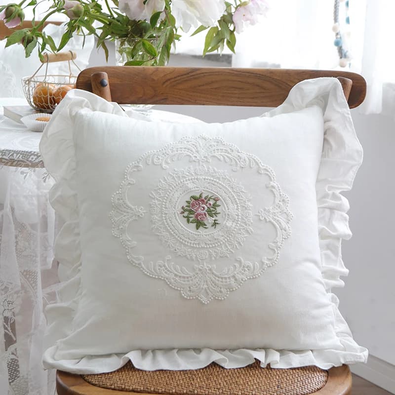 Cuscino Quadrato in Cotone con Pizzo Francese, Cuscino Lombare, Cuscino Americano per Divano e Camera da Letto, Fodera Decorativa