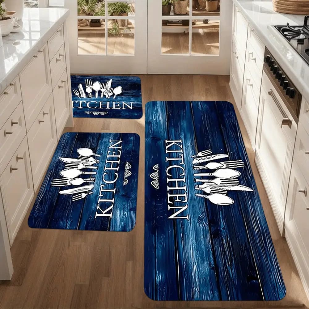 Set di Tappeti Rustici Blu in Legno Stile Fattoria per Cucina, Tappeto Runner Assorbente per Bagno, Accessorio Decorativo per Casa e Cucina, Tappetino per Cabina e Bagno