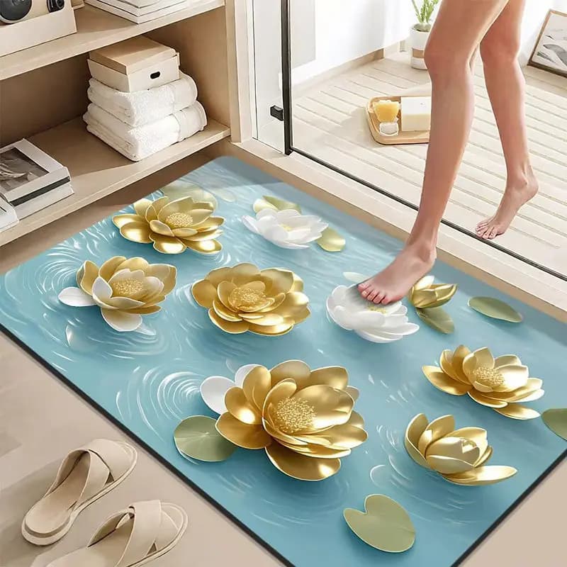 Floating Gold Flower Design Floor Mat Soft Touch Surface Easy Clean Foldable Edge Sealed for Modern Home
