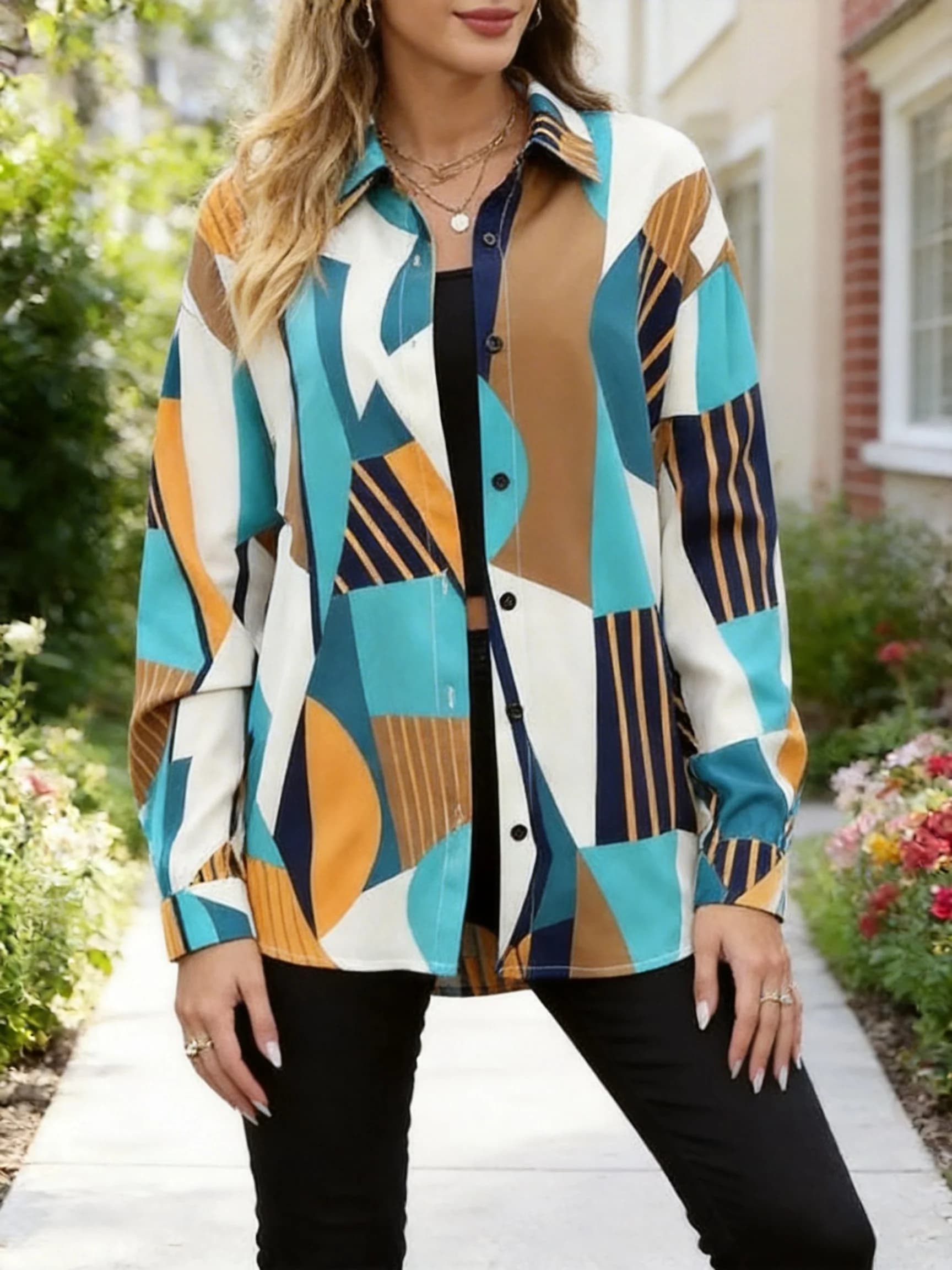 Camicetta da donna in stile europeo con blocchi di colore geometrici, camicia casual a maniche lunghe con risvolto ampio.