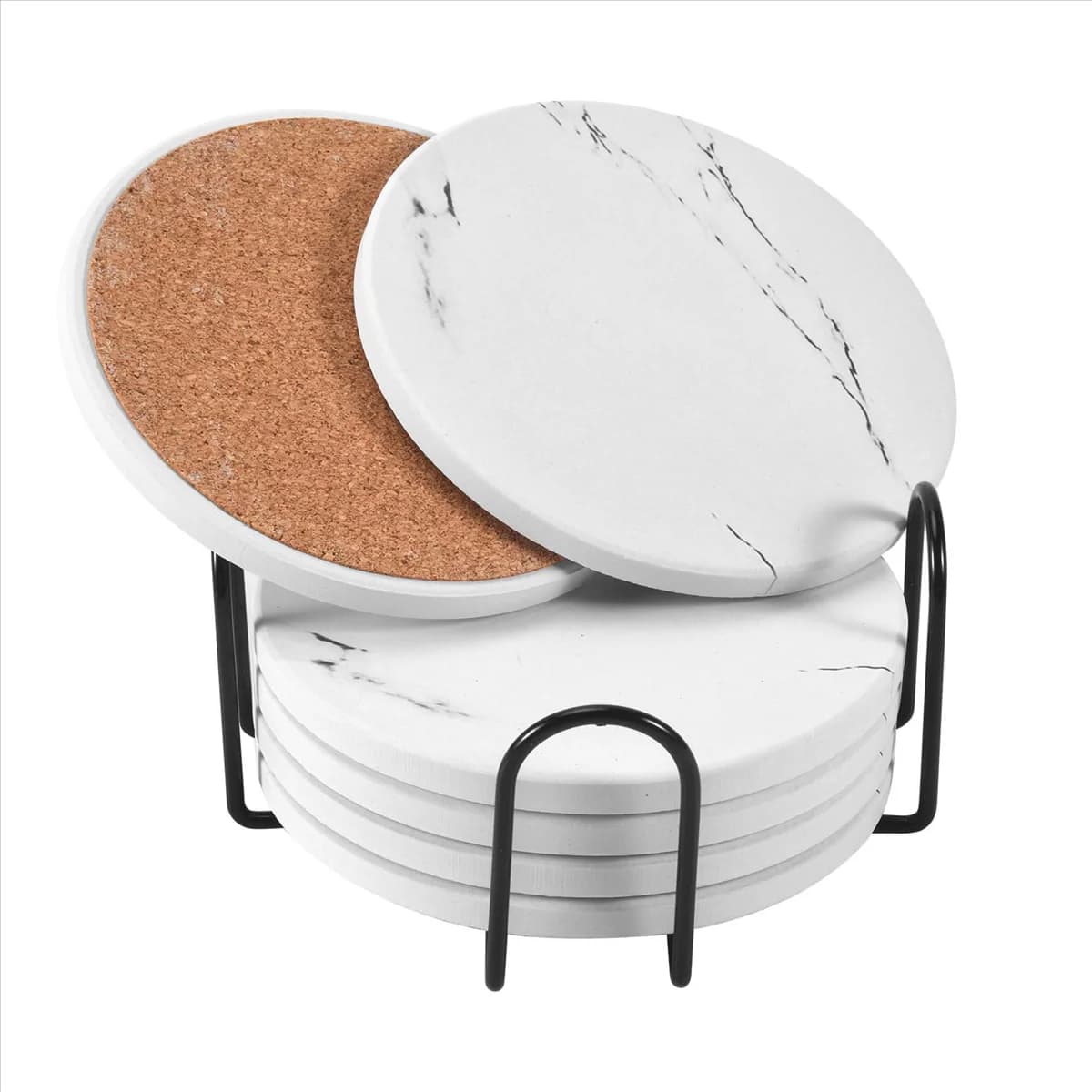 Sottobicchieri per bevande, Set di sottobicchieri in pietra ceramica con supporto in metallo, Base in sughero, motivo in marmo Set di 6 bianchi