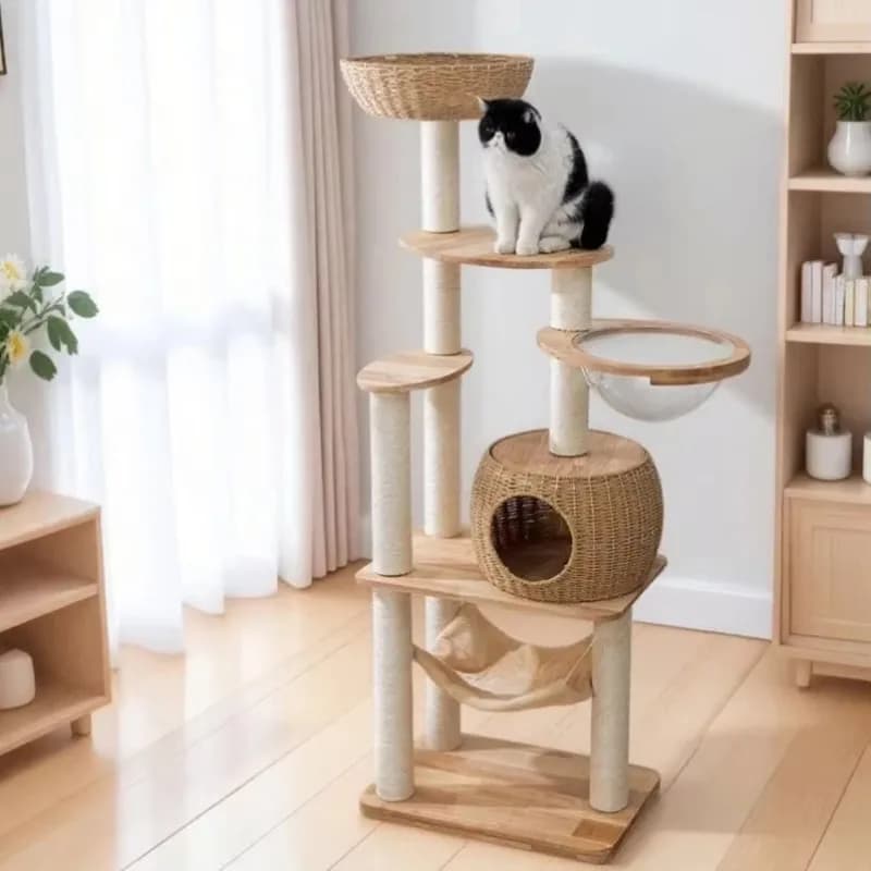 Moderna Struttura per Arrampicata in Legno e Rattan, Durevole ed Ecologica, Stile Capsula Spaziale, Grande Torre per Alberi con Tiragraffi e Cuccia