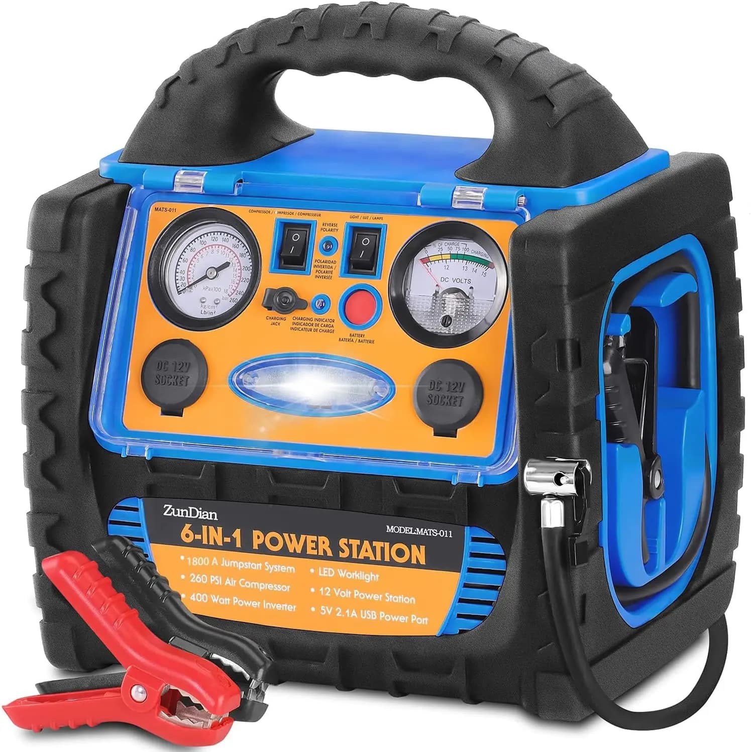 Avviatore portatile 6 in 1 con compressore d'aria, potenza 1800 A per auto e camion, inverter da 400 W