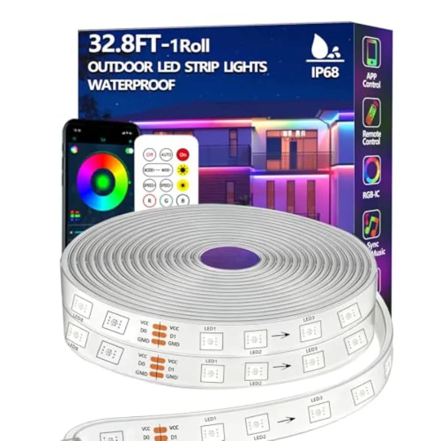 32.8FT Outdoor LED Strip Light Waterproof, IP68 Outside RGB Light Strip with App/Remote Control, Chase Mode, Music Sync Rope Li