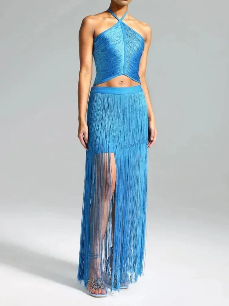 2025 Set da due pezzi con design a nappa sexy da donna Top corto senza schienale con scollo all'americana blu + gonna con fasciatura con frange Set da club per feste serali