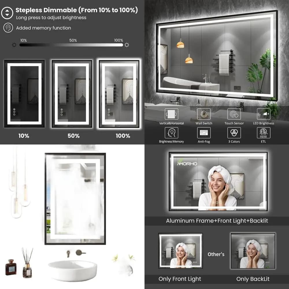 Specchio LED da Bagno 24x36 Pollici con Illuminazione Frontale e Posteriore, Bordo Nero, Dimmerabile a Gradini, Antiappannamento, Infrangibile, Memoria, 3 Colori